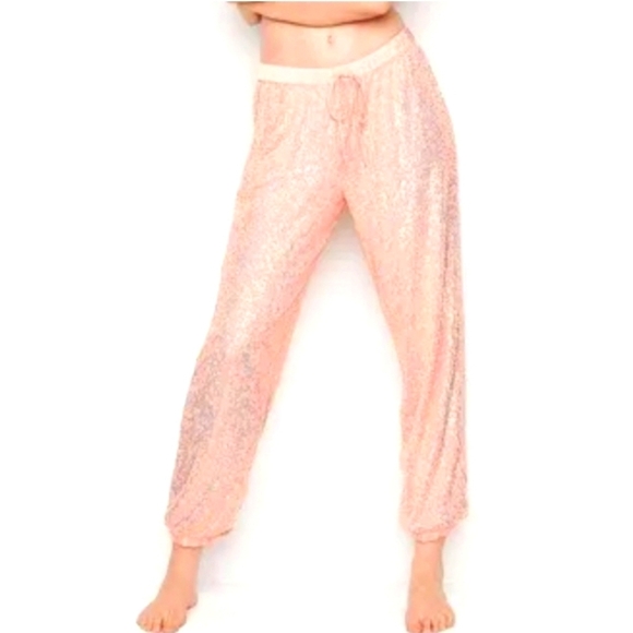 Victoria Secret Iridescent pink Sequin Sparkle Drawstring Lounge Jogger - Picture 1 of 8